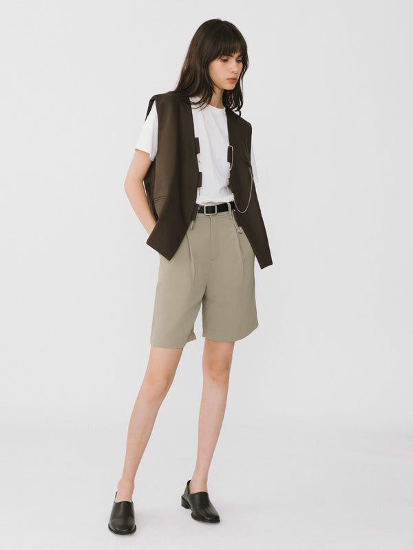 Cubic Asymmetric Cut Out Tailored Shorts Khaki