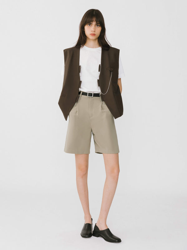 Cubic Asymmetric Cut Out Tailored Shorts Khaki