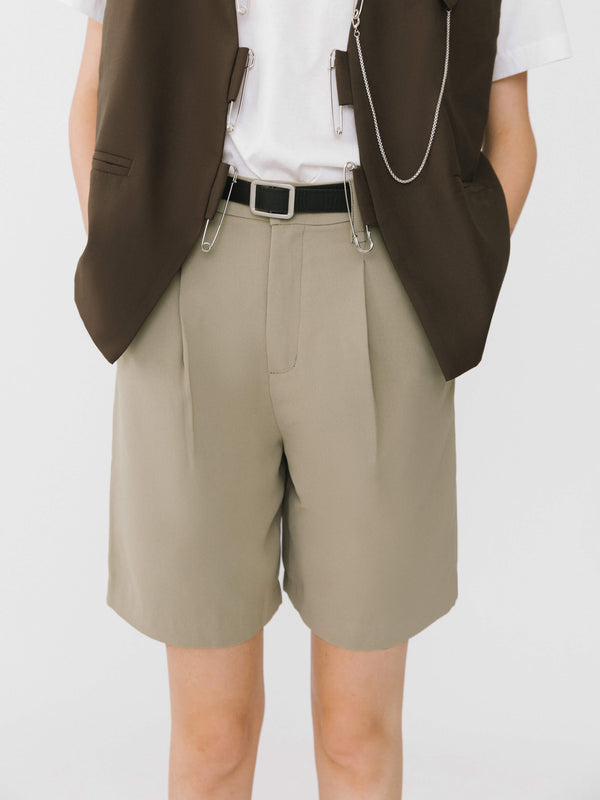 cubic Asymmetric Cut Out Tailored Shorts Khaki