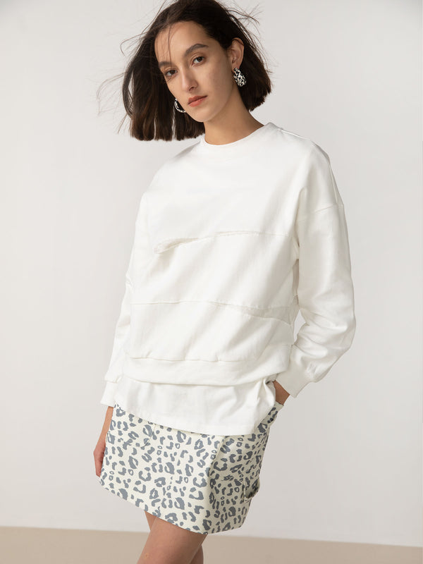 cubic Asymmetric Hem Short Jersey Sweatshirt White