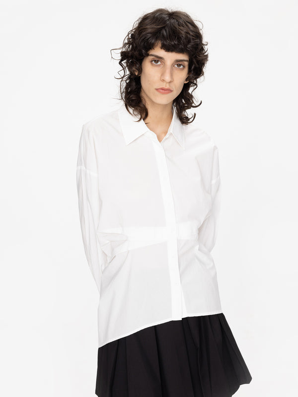 Cubic Asymmetric Hem Waist Pleated Shirt White