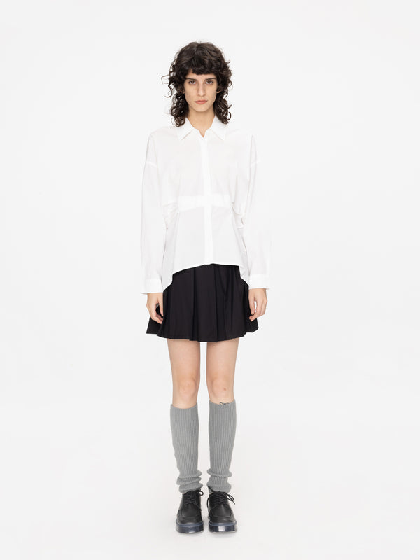 cubic Asymmetric Hem Waist Pleated Shirt White