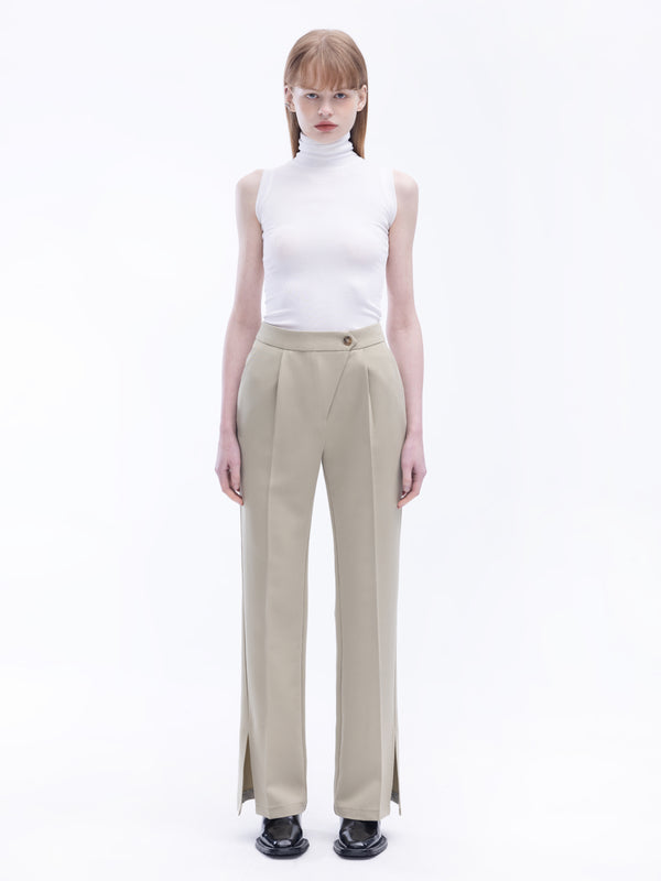 Cubic Asymmetric Slitted Tailored Trousers Wheat