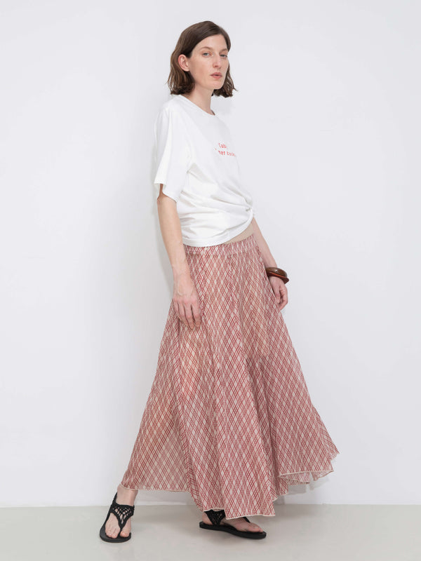 Cubic Asymmetrical Flowy Check Maxi Skirt-Red Red