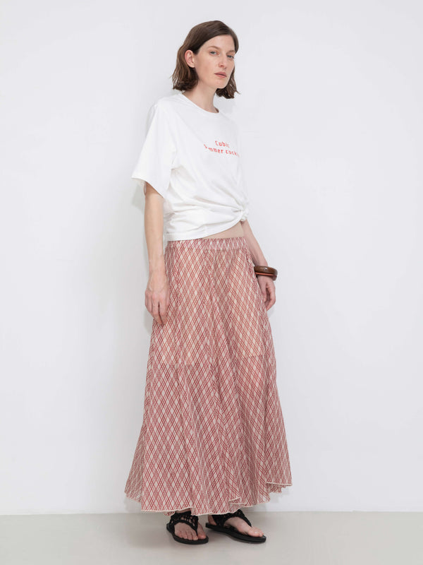 cubic Asymmetrical Flowy Check Maxi Skirt-Red Red