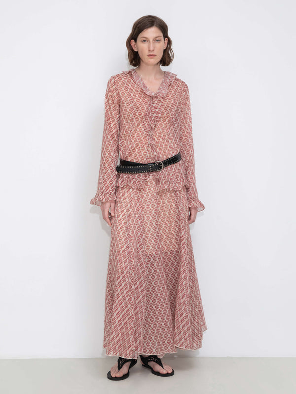 Cubic Asymmetrical Flowy Check Maxi Skirt-Red Red