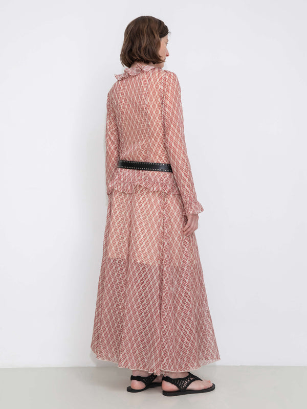 Cubic Asymmetrical Flowy Check Maxi Skirt-Red Red