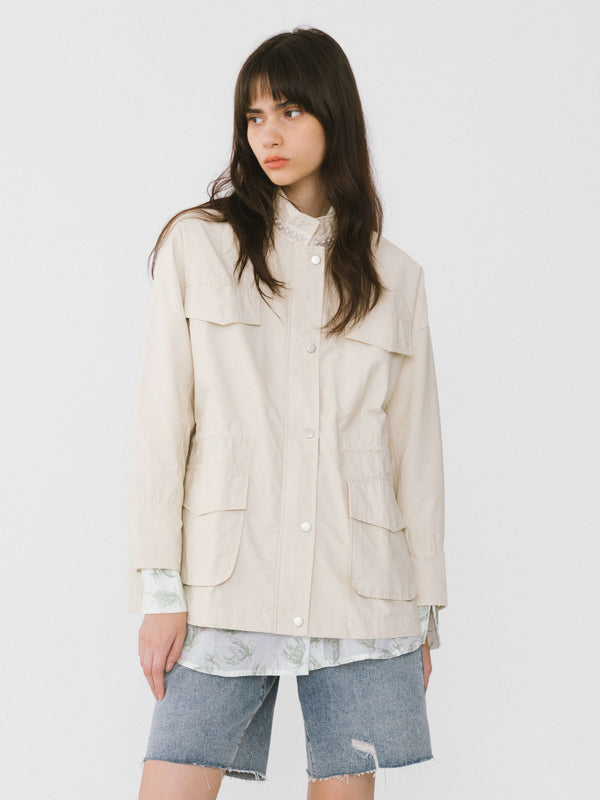cubic Beige Cargo Jacket With Pearl Neckline Beige