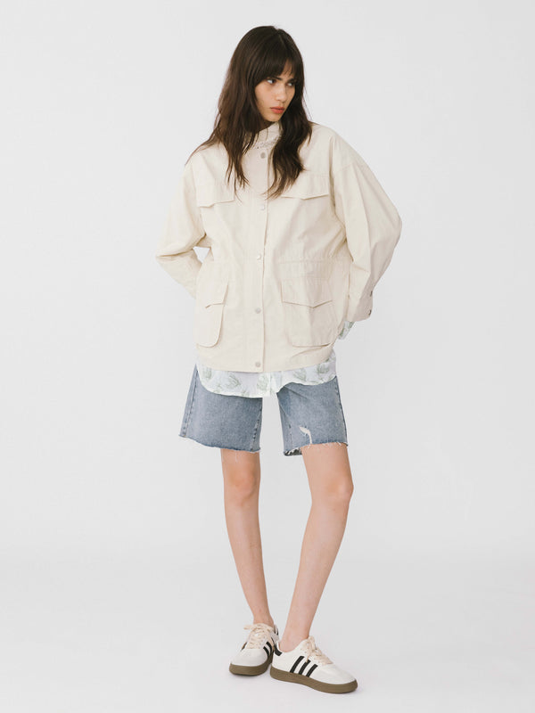 Cubic Beige Cargo Jacket With Pearl Neckline Beige