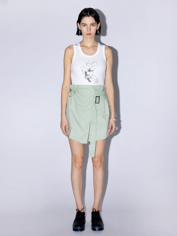Cubic Belted Layered Wrap Cotton Skirt Green