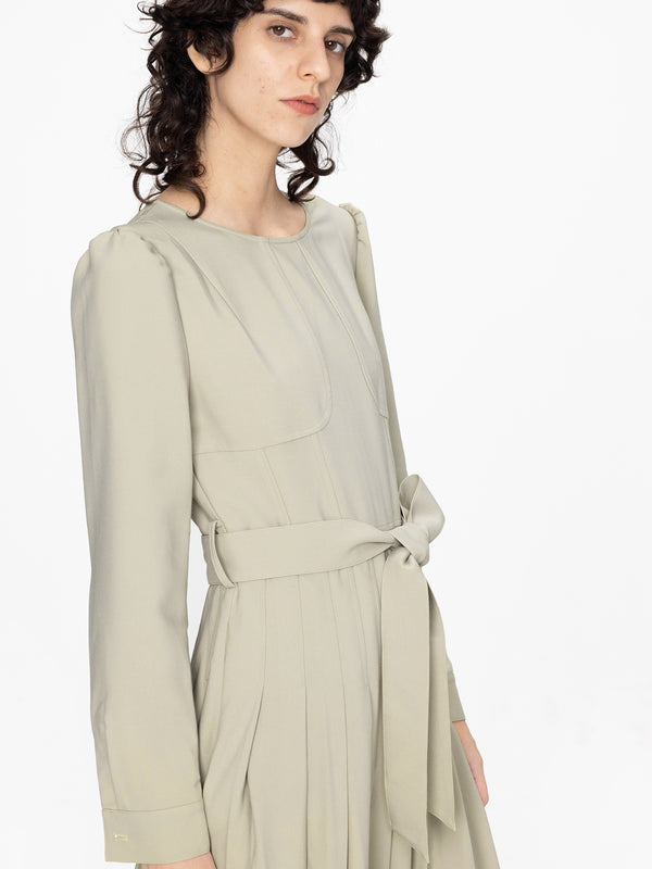 Cubic Belted Pleated Midi Dress Khaki