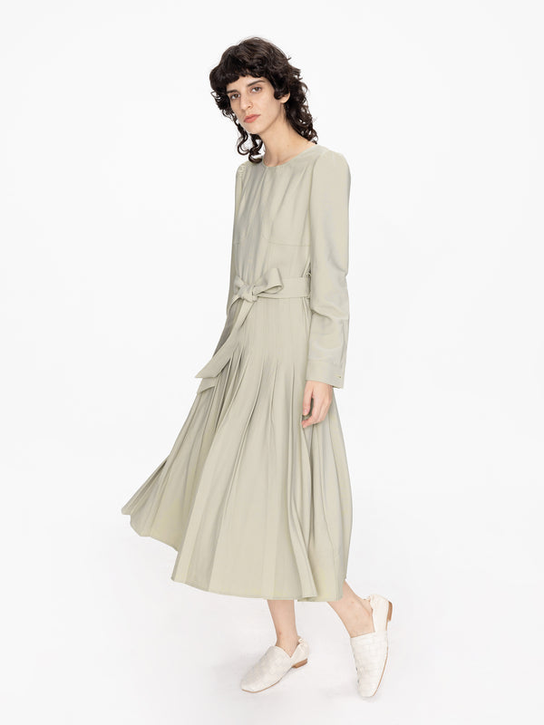 Cubic Belted Pleated Midi Dress Khaki