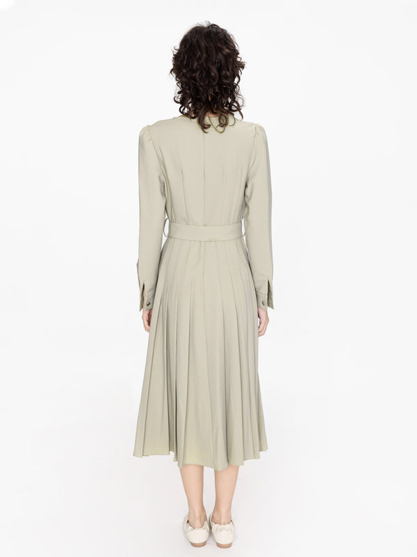 Cubic Belted Pleated Midi Dress Khaki