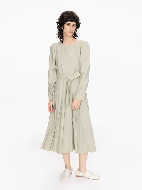 cubic Belted Pleated Midi Dress Khaki