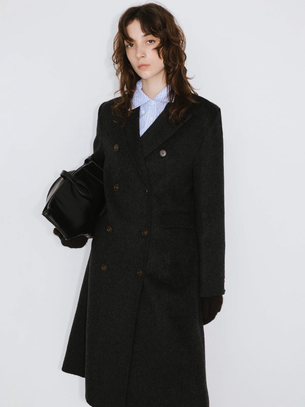 Cubic Black Double Breasted Wool Long Coat Black