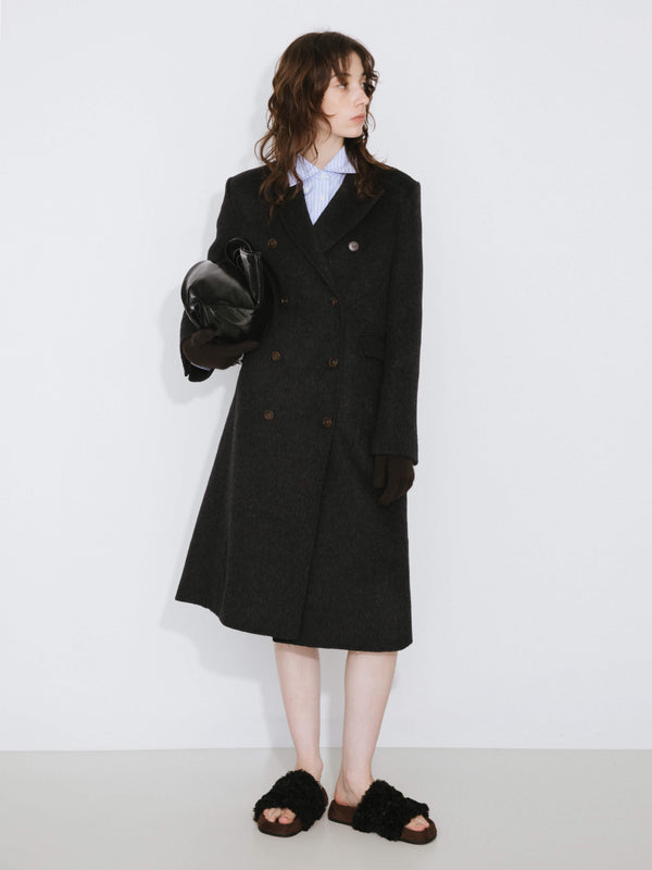 Cubic Black Double Breasted Wool Long Coat Black