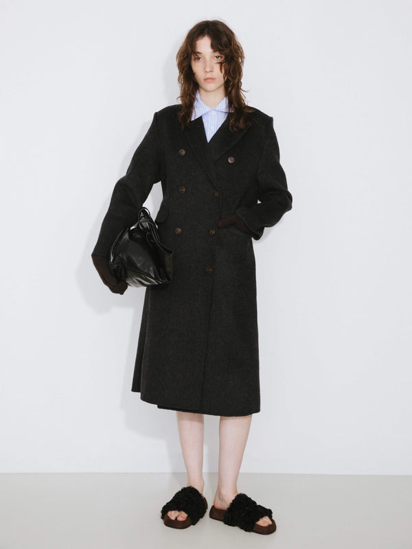 cubic Black Double Breasted Wool Long Coat Black