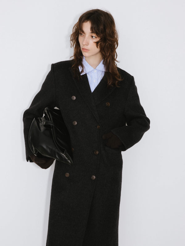 Cubic Black Double Breasted Wool Long Coat Black