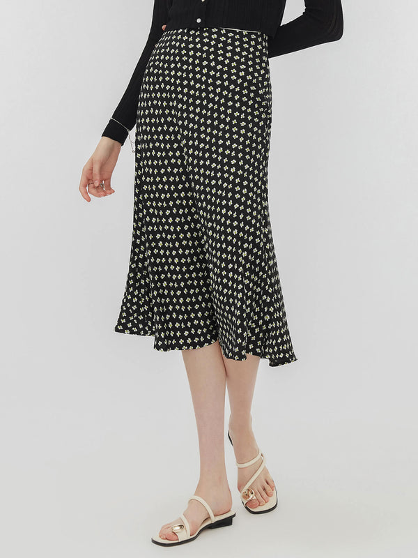 Cubic Black Printed Flowy Midi Skirt Black