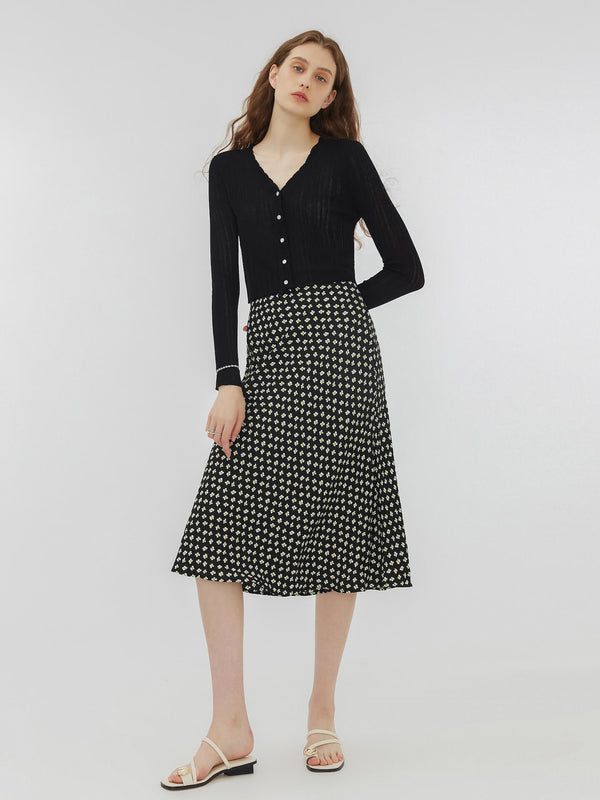 Cubic Black Printed Flowy Midi Skirt Black