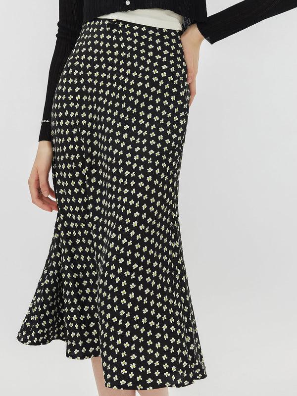 cubic Black Printed Flowy Midi Skirt Black