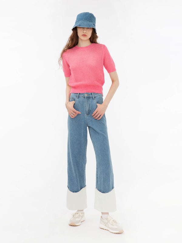 cubic Blue and White Turn-Up Jeans LightSteelBlue