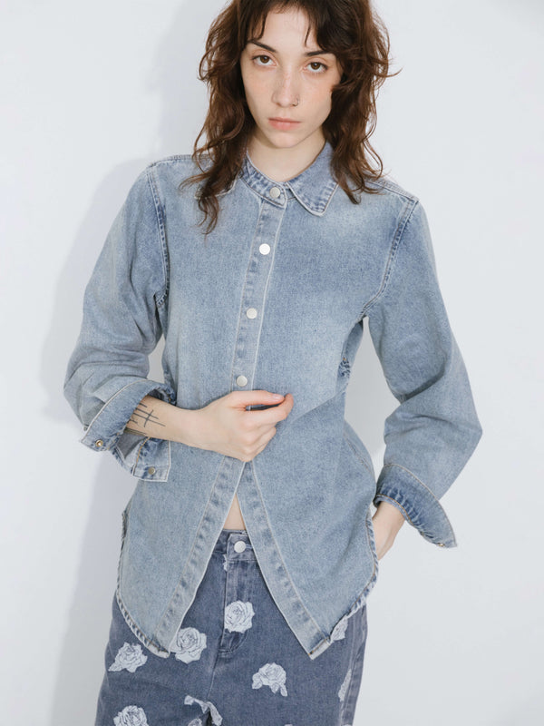 Cubic Blue Denim 100% Cotton Long Shirt Steel Blue