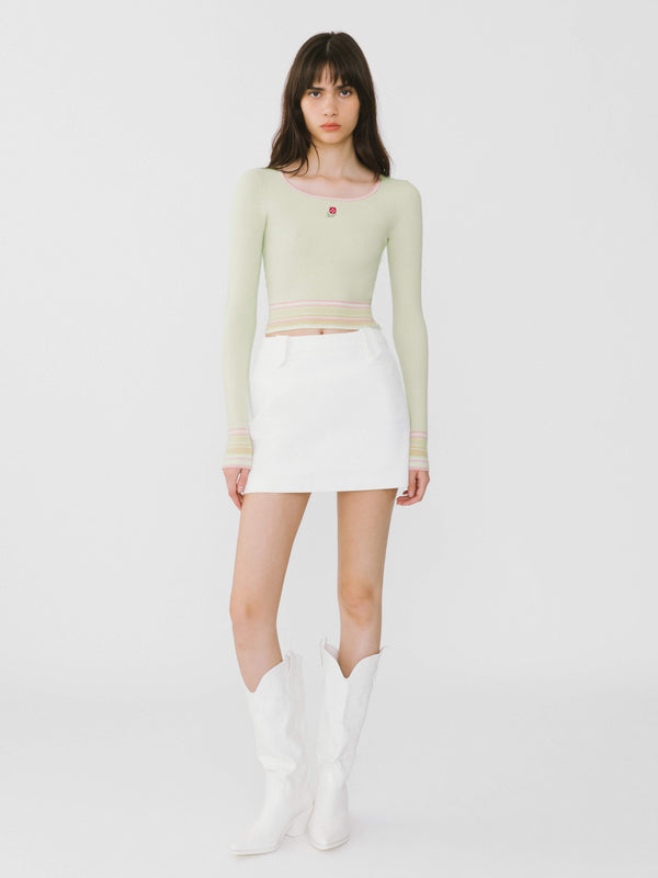 Cubic Boat Neck Long Sleeve Knit Top White