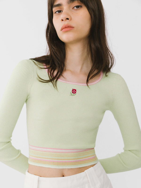 Cubic Boat Neck Long Sleeve Knit Top White