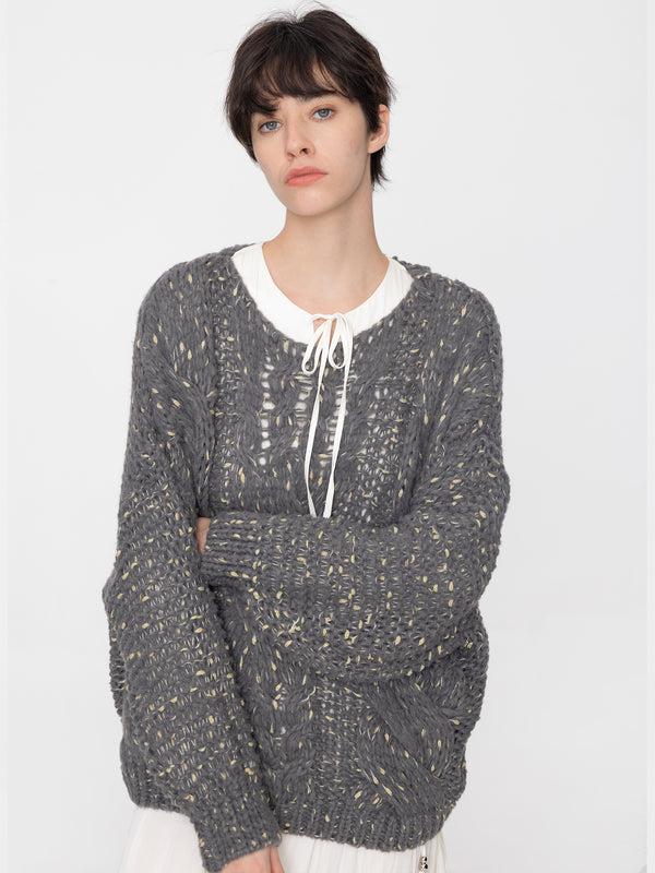 Cubic Boat Neck Thick Cable Knit Sweater Gray