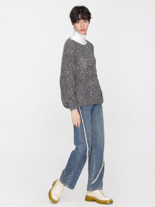 Cubic Boat Neck Thick Cable Knit Sweater Gray
