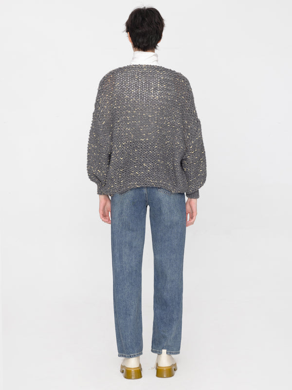 Cubic Boat Neck Thick Cable Knit Sweater Gray