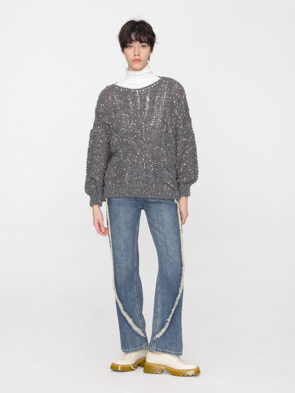 cubic Boat Neck Thick Cable Knit Sweater Gray