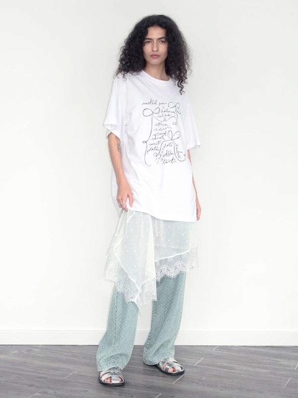 Cubic Bow Print Round Neck Casual T-shirt White