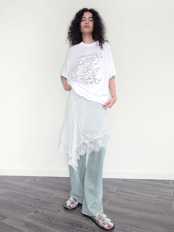 Cubic Bow Print Round Neck Casual T-shirt White