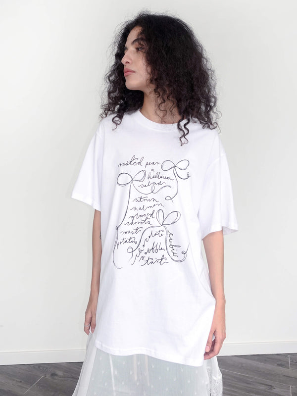 Cubic Bow Print Round Neck Casual T-shirt White