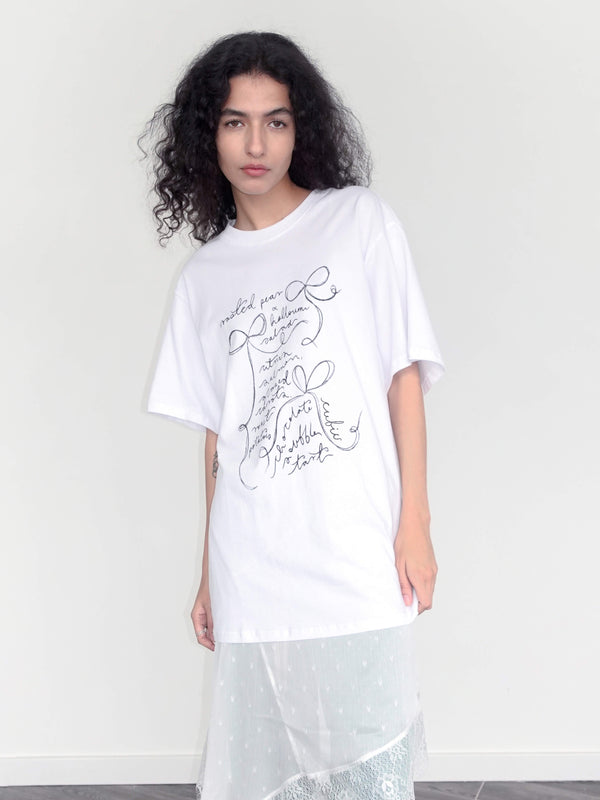 cubic Bow Print Round Neck Casual T-shirt White