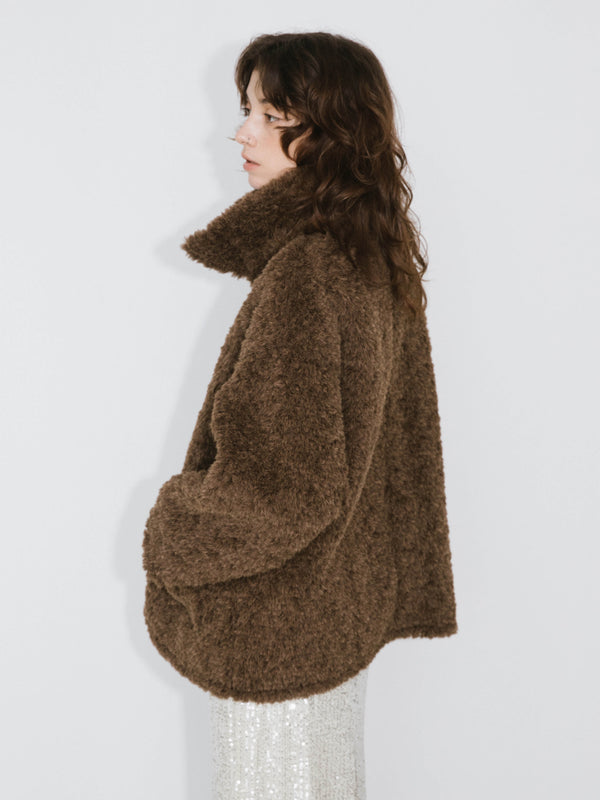 Cubic Brown Mid-length Boxy Coat SaddleBrown