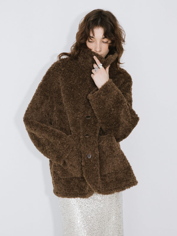 Cubic Brown Mid-length Boxy Coat SaddleBrown