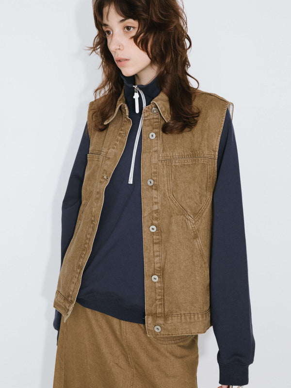 Cubic Button Down Denim Waistcoat Saddle Brown