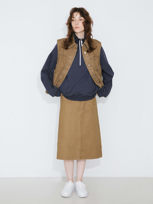 Cubic Button Down Denim Waistcoat Saddle Brown