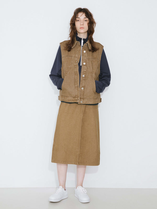 Cubic Button Down Denim Waistcoat Saddle Brown