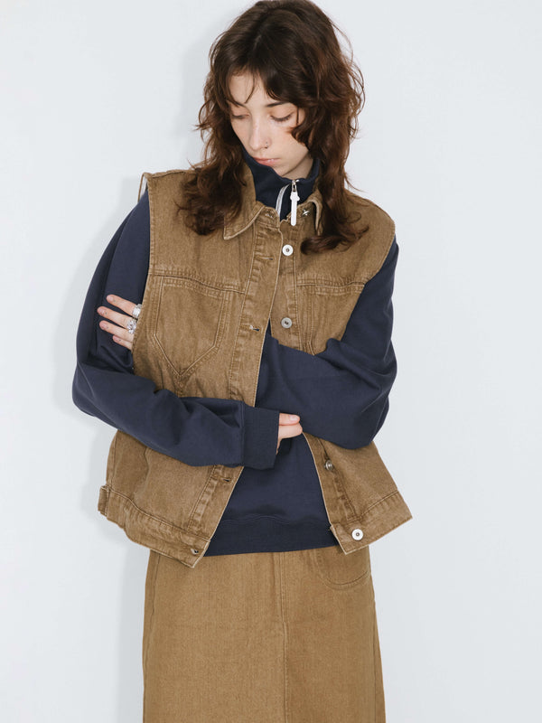 cubic Button Down Denim Waistcoat Saddle Brown