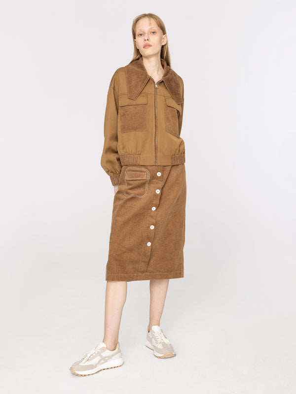Cubic Buttoned Corduroy A-line Midi Skirt Brown