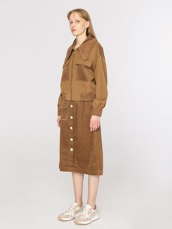Cubic Buttoned Corduroy A-line Midi Skirt Brown