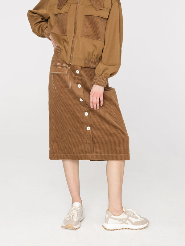 cubic Buttoned Corduroy A-line Midi Skirt Brown