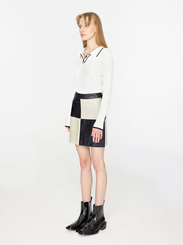 Cubic Checkerboard PU Leather Mini Skirt Black