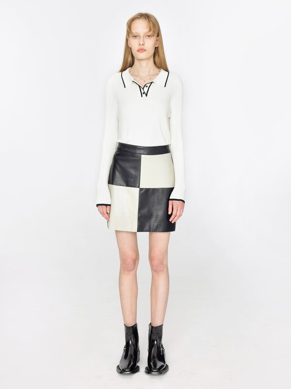 Cubic Checkerboard PU Leather Mini Skirt Black