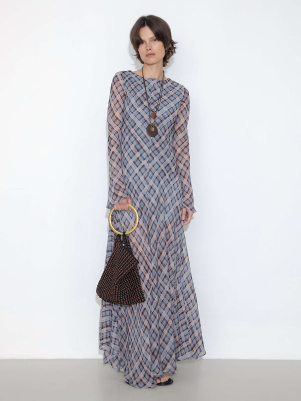 Cubic Checkered Crew Neck Long Sleeve Dress Blue