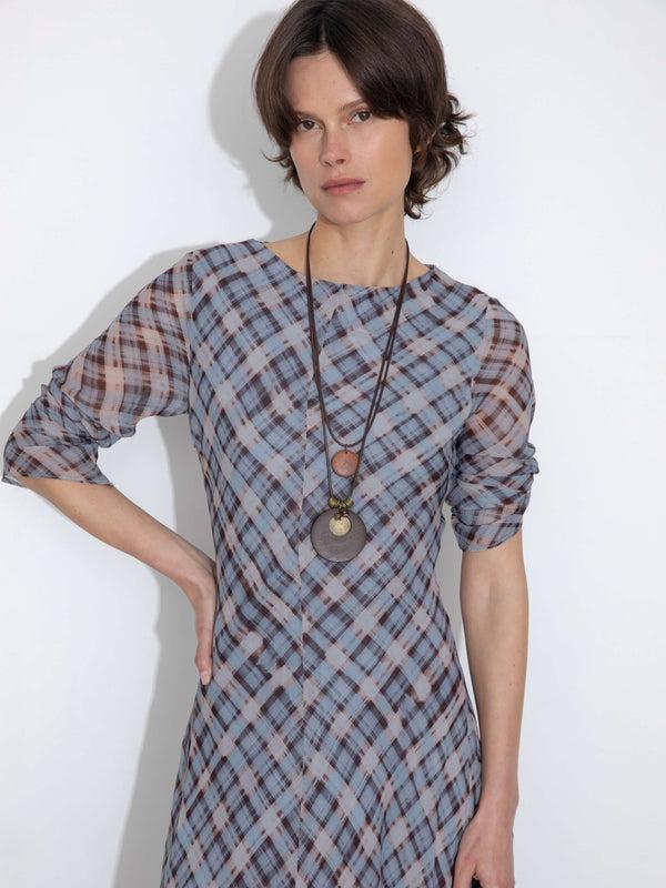 Cubic Checkered Crew Neck Long Sleeve Dress Blue